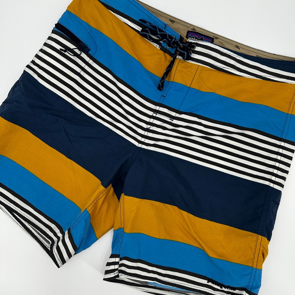 Patagonia Striped Board Shorts Swim Trunks Men's Size‎ 34 Blue Yellow Navy